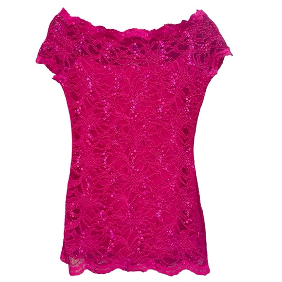 Boston Proper Lace & Sequin Top. Magenta, Stretchy, Lined. Made In USA Size XS - Picture 3 of 9